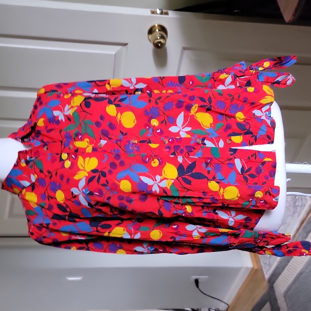 Maeve Red Floral Button-Down Shirt with Yellow & Blue Accents